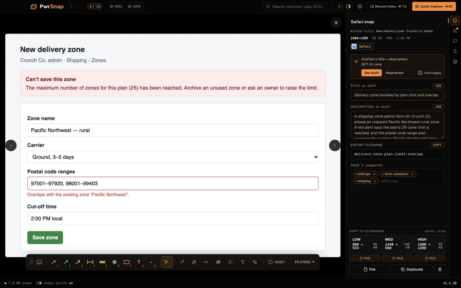 A capture of a delivery-zone form selected in the Library, with a red error banner and a red arrow labelled Split this range? pointing at the postal code field. The right rail shows a drafted title, description, export filename and three suggested tags, each marked as a draft with a Use button, above Regenerate and an Auto-apply checkbox.