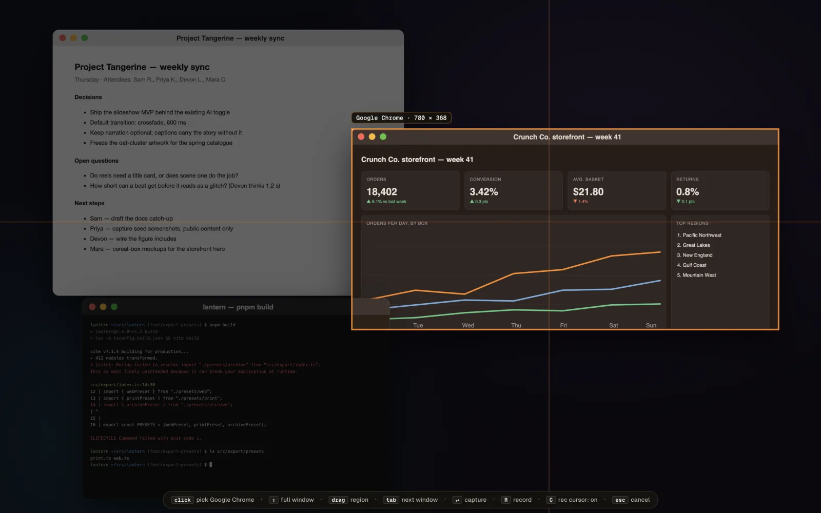 Quick Capture over a desktop with three overlapping windows: meeting notes, a terminal with a failed build, and a storefront dashboard in a browser. The pointer is over the dashboard, which is outlined in orange with a label reading Google Chrome · 780 × 368; the windows behind it are dimmed. A hint bar along the bottom reads: click pick Google Chrome · Shift full window · drag region · tab next window · Return capture · R record · C rec cursor: on · esc cancel.