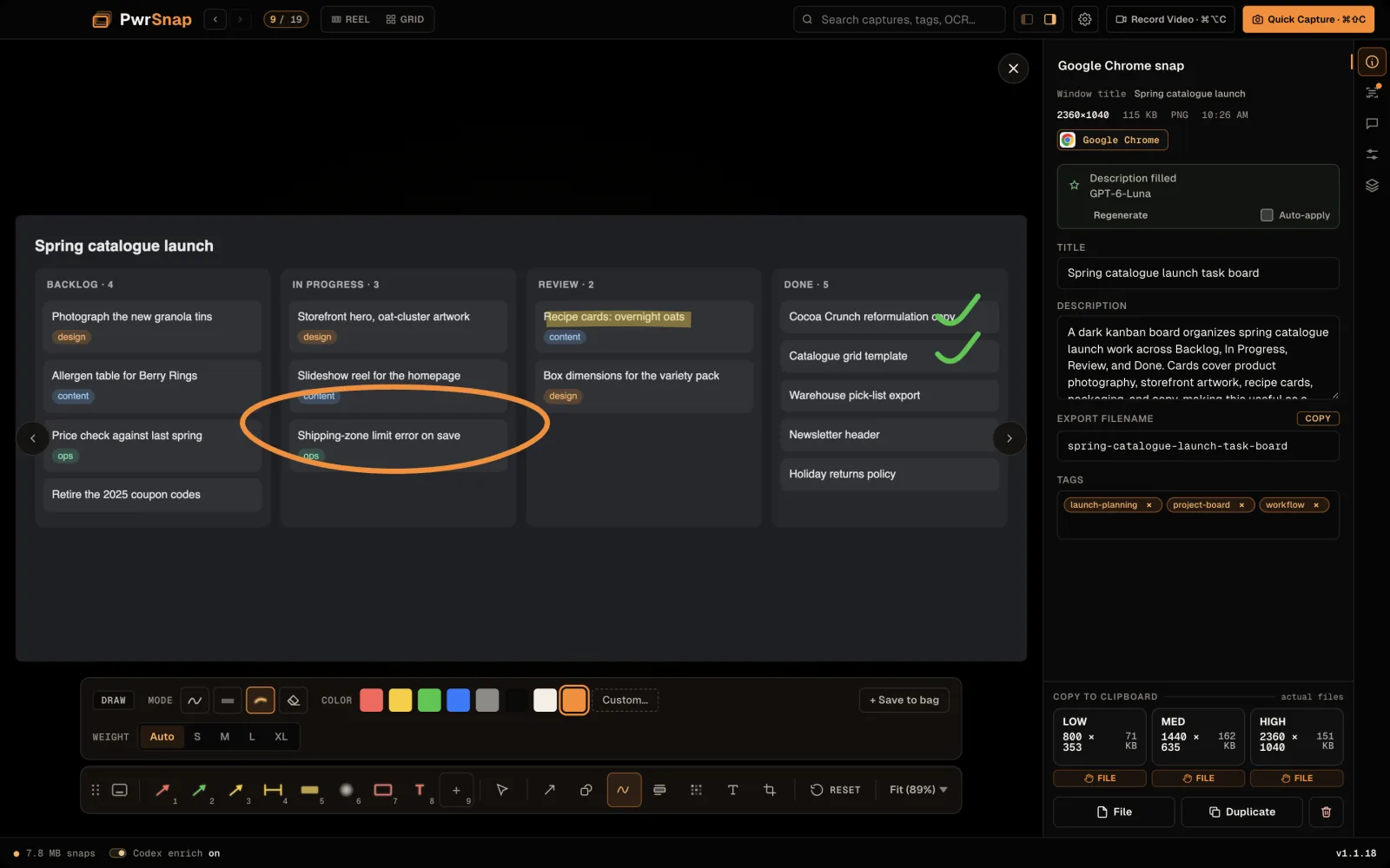 The editor on a kanban board titled Spring catalogue launch. A hand-drawn orange circle rings a card about a shipping-zone error, a yellow marker stroke covers another card, and two green check marks sit in the Done column. The Draw tool's property bar along the bottom offers pen, marker, airbrush and eraser, a row of colours, and stroke weights.