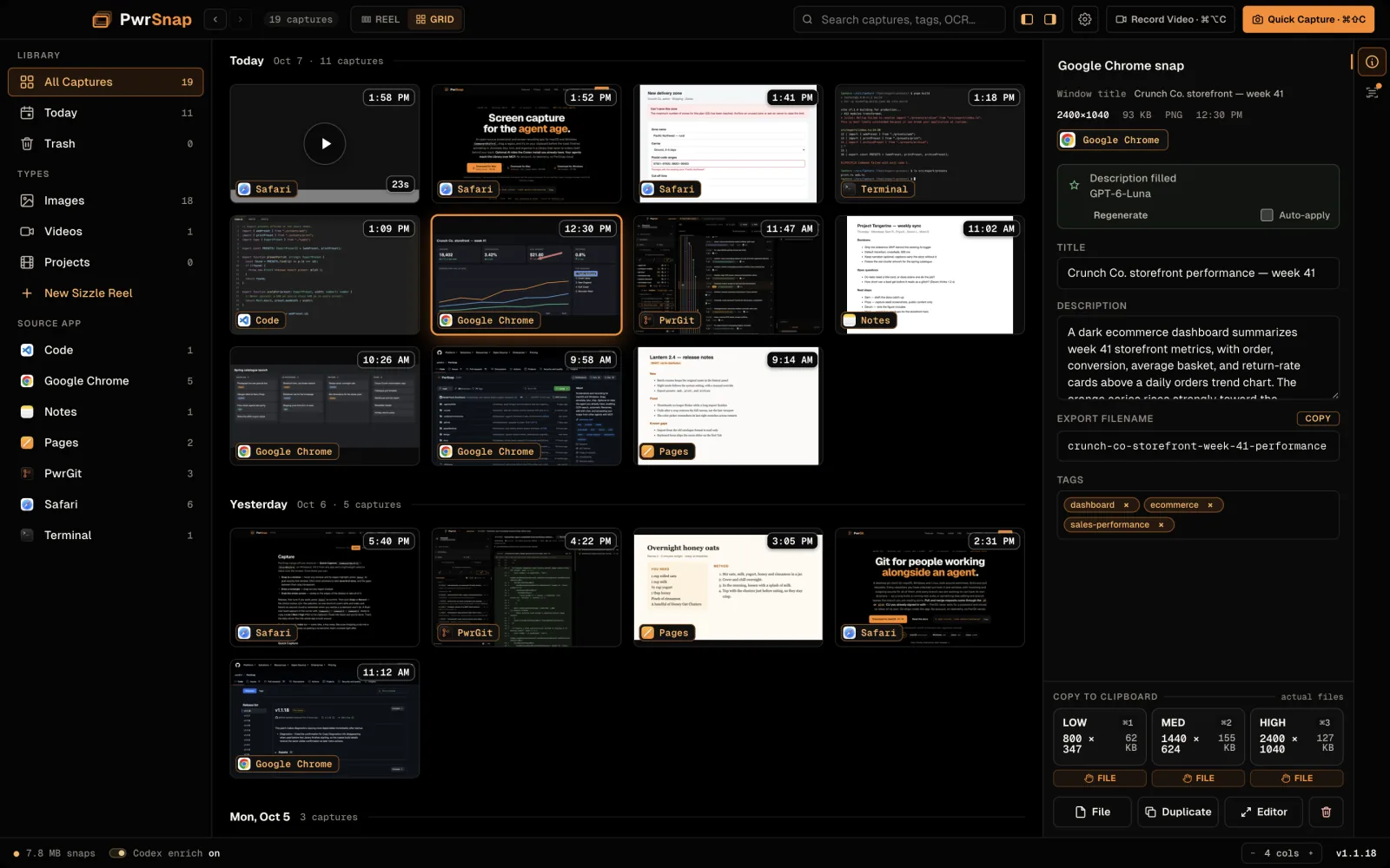 The PwrSnap Library in the dark theme. The sidebar counts captures by type and by the app each one came from — Code, Google Chrome, Notes, Pages, PwrGit, Safari, Terminal. The grid groups the day's snaps by time: a recording, web pages, notes, code, and a storefront dashboard, which is selected. Its details fill the right rail: the title “Crunch Co. storefront performance — week 41”, a description, the export filename, the tags dashboard, ecommerce and sales-performance, and Low, Med and High copy buttons.