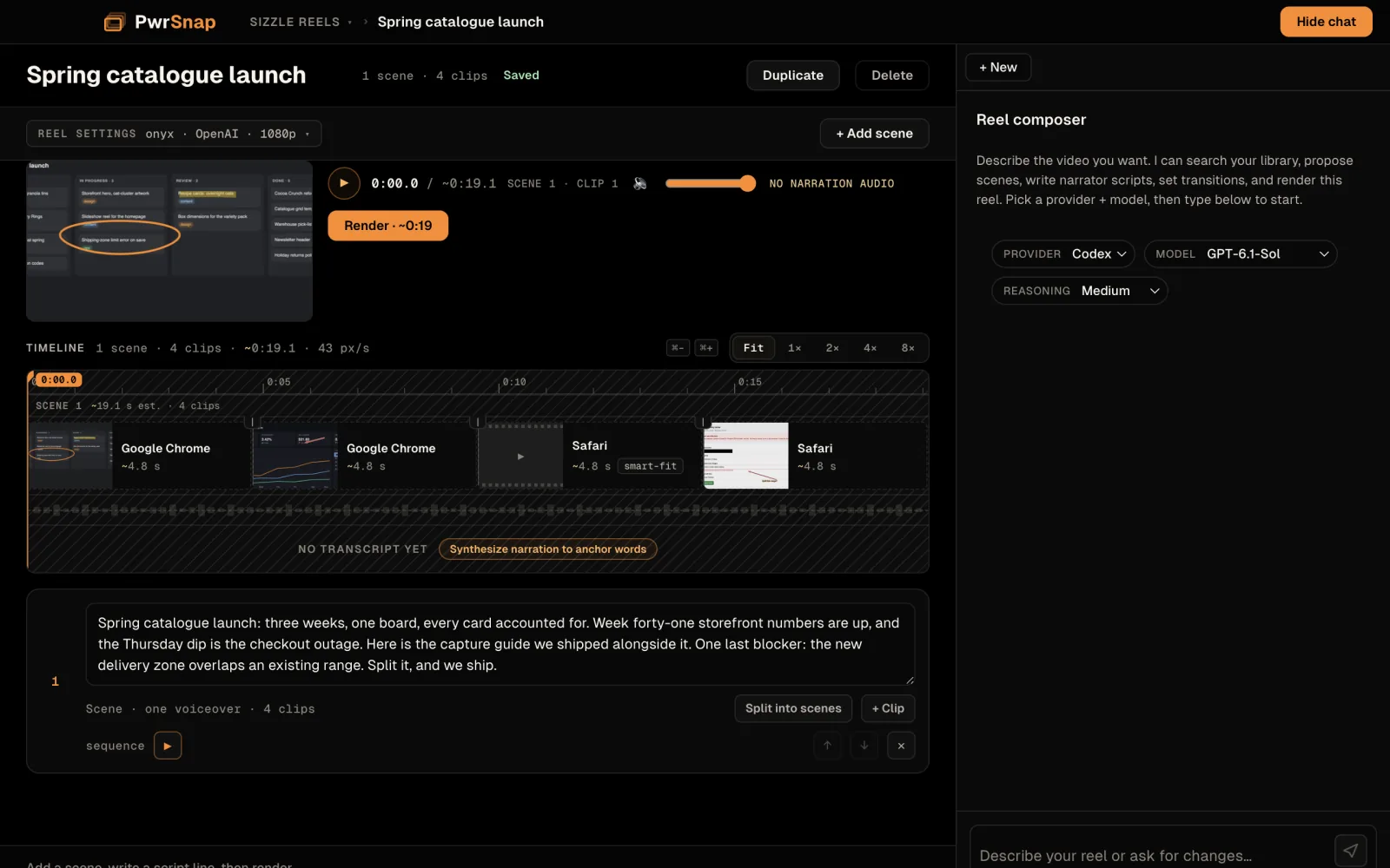 The Sizzle reel composer for a project named Spring catalogue launch. A preview and a Render button sit above a timeline of four clips taken from the Library, with the scene's narration script below it and the reel composer chat panel on the right.