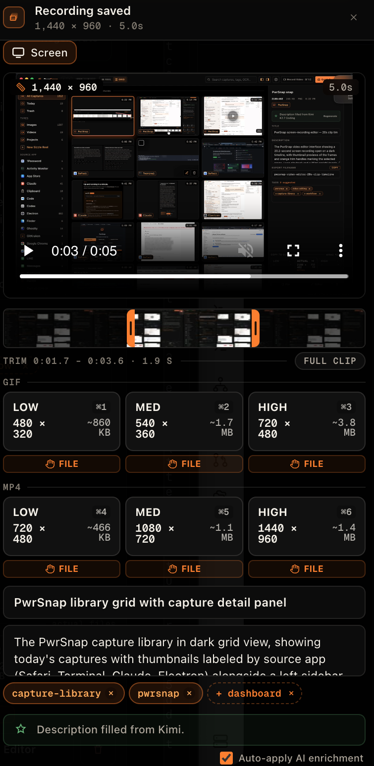 PwrSnap's float-over after a five-second recording. The header reads “Recording saved, 1,440 × 960 · 5.0s” beside a Screen badge, then a preview playing at 0:03 of 0:05. Below it, a filmstrip of the take with two orange trim handles dragged inward and a line reading “TRIM 0:01.7 – 0:03.6 · 1.9 S” next to a FULL CLIP button. Under that, two rows of export cards: GIF at Low 480 × 320 about 860 KB, Med 540 × 360 about 1.7 MB, and High 720 × 480 about 3.8 MB, bound to Command+1 through Command+3; then MP4 at Low 720 × 480 about 466 KB, Med 1080 × 720 about 1.1 MB, and High 1440 × 960 about 1.4 MB, bound to Command+4 through Command+6 — each with a FILE chip for dragging the file out. A filled-in title and description sit below, with tags and an Auto-apply AI enrichment checkbox.