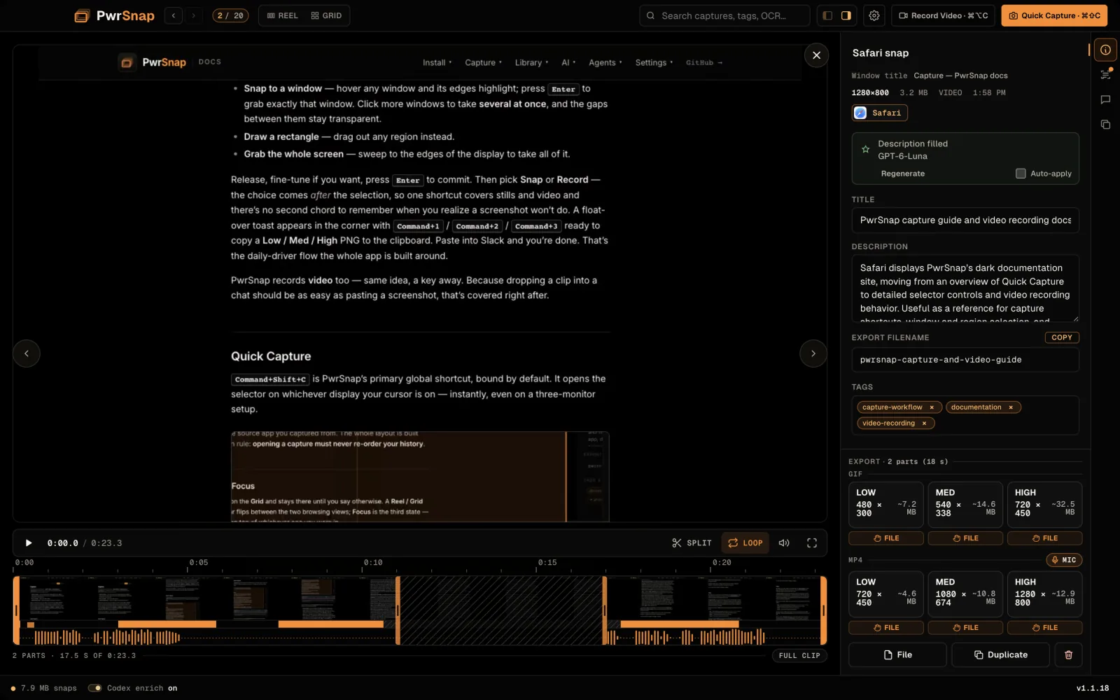 A recording of a documentation page open in the Library. Below the video, the timeline shows a filmstrip over an audio waveform with two kept parts after Cut idle, 17.5 seconds of 23.3. The right rail lists GIF and MP4 exports at Low, Med and High with estimated sizes, and a microphone toggle on the MP4 row.
