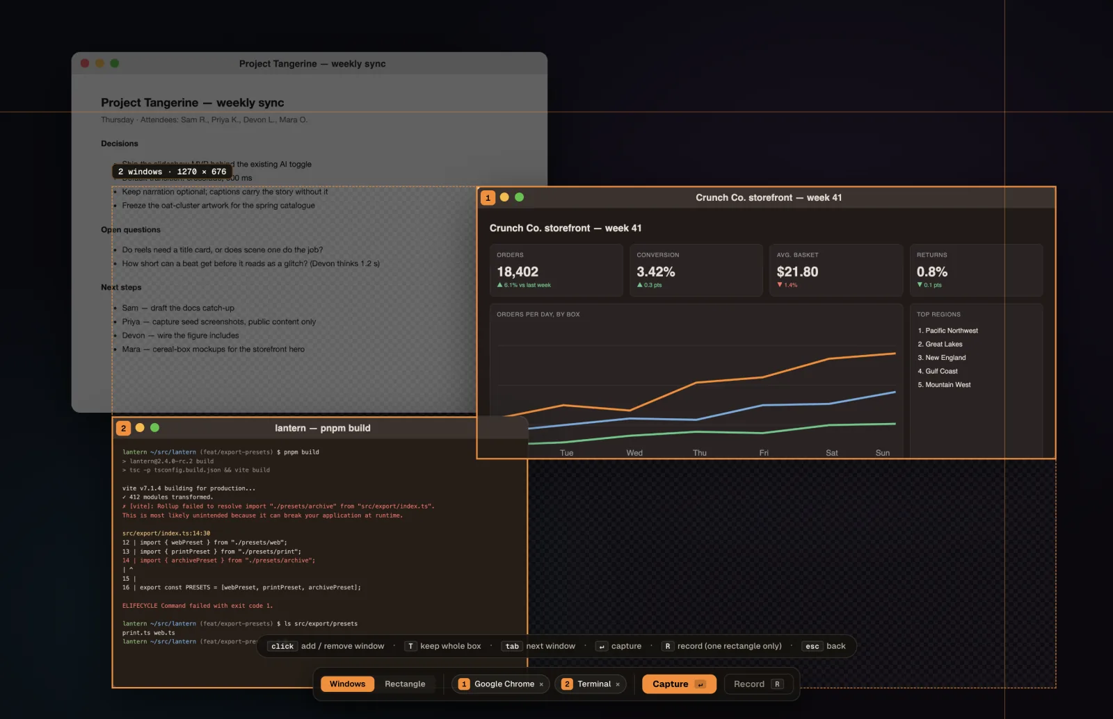 PwrSnap's capture selector with two windows picked at once on a desktop of three: a storefront dashboard in a browser and a terminal showing a failed build. Each is outlined in orange and numbered, 1 and 2, and a badge reads “2 windows · 1270 × 676”. The part of the selection box that belongs to neither window is drawn as a checkerboard, marking it transparent, and the notes window behind them is left out. A hint bar along the bottom reads “click add / remove window · T keep whole box · tab next window · Return capture · R record (one rectangle only) · Escape back”, above a control bar with Windows and Rectangle modes, a chip for each picked window, and Capture and Record buttons.